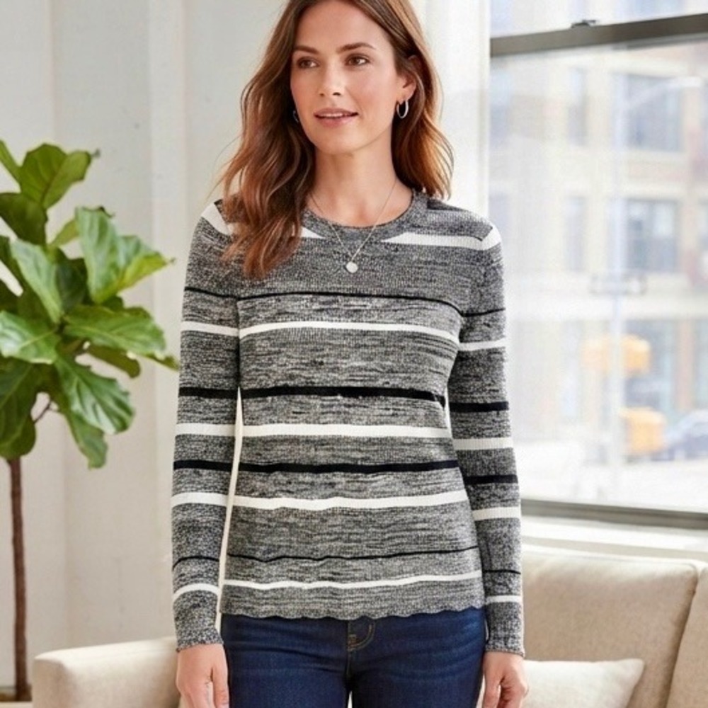 Banana Republic Womens Gray Striped Space Dye Long Sleeve Crew Neck Sweater M
